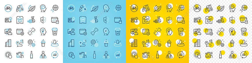 Vector icons set of Bicycle prohibited, Coins bag and Takeaway coffee line icons. For web app. Vector