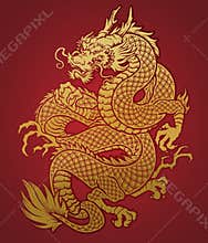 Coiled Chinese Dragon Gold on Red