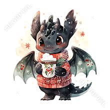 2024 New Year Cute christmas black dragon in watercolor style