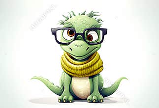 Funny small dinosaur of green color wearing big glasses and yellow scarf isolated on white