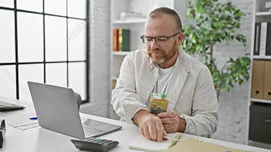 Handsome adult male caucasian business worker counting australian dollars, taking notes in office. smiling portrait of successful