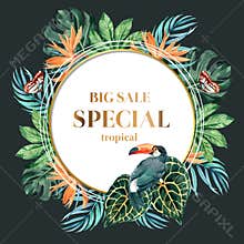 Wreath Design with tropical theme, Toucan and butterfly with foliage vector illustration template