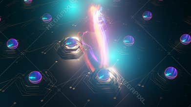 Inside quantum PC. Quantum computing, circuit at work - superposition and entanglement, qubit states represented by