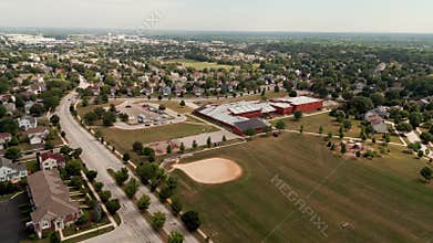 Aerial drone view of American Suburban High School Campus