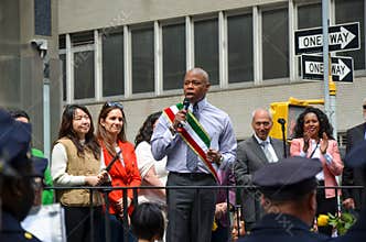 Eric Adams speaking during the annual Persian day Parade along Fifth Avenue in New York City, USA