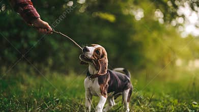 Woman playing with little puppy beagle with stick on green lawn, countryside nature. Doggy training. Happy lovely pet