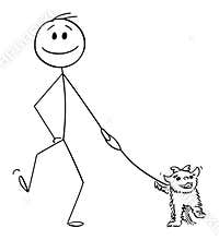Person Walking Dog, Vector Cartoon Stick Figure Illustration