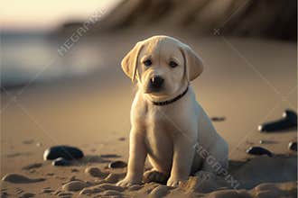 Adorable Labrador puppy sitting on sea shore