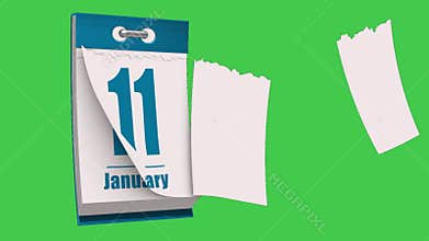 January month flipped calendar page for  from date with green screen background.