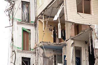 A house blown up by a Russian rocket in the city of Dnipro on Pobeda Street in Ukraine, War in Ukraine, a rocket attack on