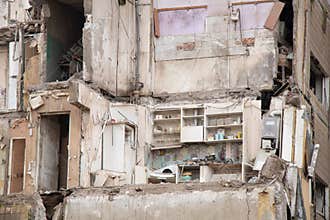 A house blown up by a Russian rocket in the city of Dnipro on Pobeda Street in Ukraine, War in Ukraine, a rocket attack on