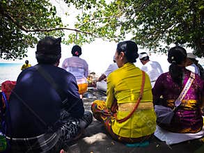 Balinese Death Ritual Ceremony Throw The Ashes Of The Corpse Into The Sea Beach At Tangguwisia Village