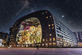Long exposure of Milky way on Rotterdam Market Hall, Markthal in Dutch