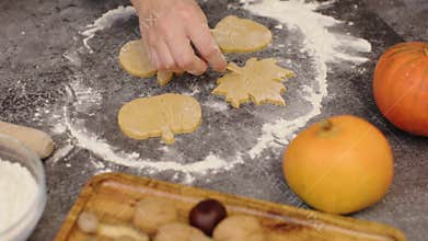 female hand decorate raw pastry cookies autumn maple leaf shape pumpkin biscuit