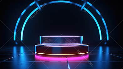 Neon glowing round podium on dark background. Mock up.