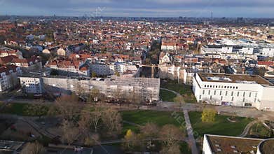 City park evening mood, rainy clouds berlin. Great aerial top view flight drone