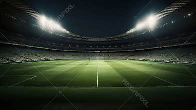 Football stadium with good grass, center position, and good lighting visible from below, AI Generative