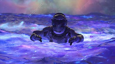 Space abstract concept. The astronaut swims in the blue space water. Neon color. Aurora Borealis. 3d animation