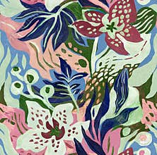 Colored abstract floral seamless pattern with odchids drawn by paints.