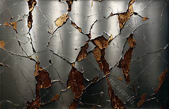 Cracked stainless steel shiny panel backround, distressed grunge background with golden, chromium and rusty elements