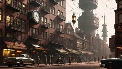 Steampunk cityscape. AI generated cinematic video