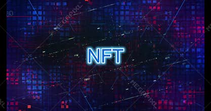 3D Animation of NFT non fungible token with red and blue glowing lights dark blue technology background. Cryptocurrency