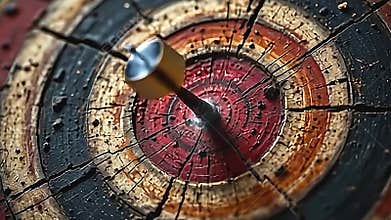 a close-up view of a dart embedded in the bullseye of a worn-out Generative AI