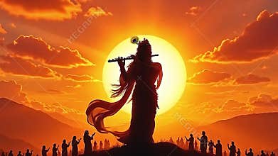 Dynamic silhouette of Lord Krishna against a vibrant sunset, Generative AI
