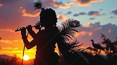 Intricate silhouette of Lord Krishna with peacock feather, Generative AI