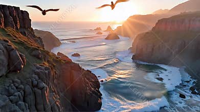 Ocean Waves Crashing on Rocky Coast at Sunset Aerial View