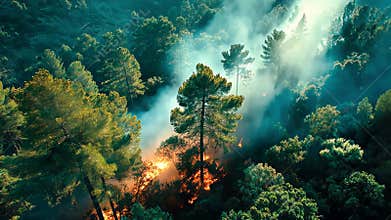 Aerial view of a dense forest consumed by intense wildfire flames, casting a dramatic red-orange glow through tall pine