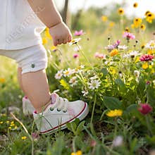 Baby Foot Standing on Wildflower Bed – Spring AI Illustration in Soft Light