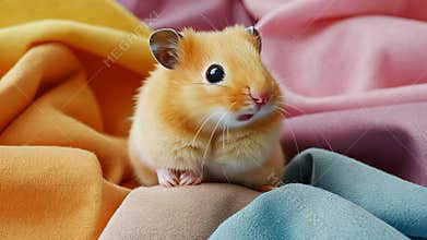 A hamster beside a pile of colorful fabrics for minimalist sewing services. digital
