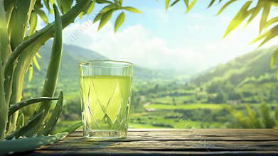 Aloe vera drink in a glass with tropical background and copy space
