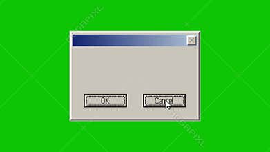 Pixel-style animation of a retro dialog box with a cursor clicking the Cancel button. 90s interface design isolated on green