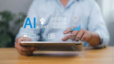 Person using a tablet to AI agent concepts, showcasing artificial intelligence assistant tools, machine learning, automation,
