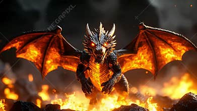 Fiery Dragon A formidable dragon with glowing eyes spreads fiery wings over dark, rocky terrain consumed by flames