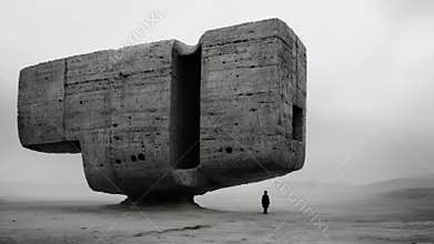 Giant suspended concrete structure in desert with lone walking figure highlighting surreal architecture