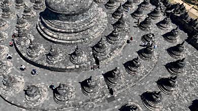 Aerial view showing stone stupas arround main big stupa, with detailed close up of the central structure. The unique layout of