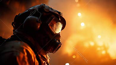 Futuristic Firefighter in Protective Gear Amidst a Dangerous Inferno