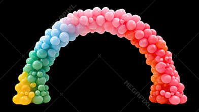 Colorful balloons arch forming a rainbow on transparent background
