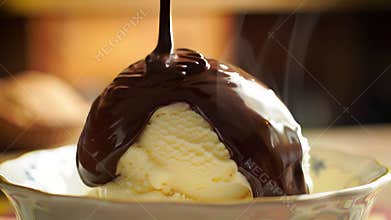 Luxurious vanilla ice cream being drizzled with rich chocolate sauce for a decadent dessert