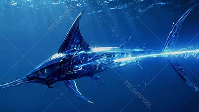 Futuristic Cyber Swordfish Swimming Underwater