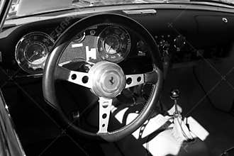 Vintage ferrari sports car interior close up b&w