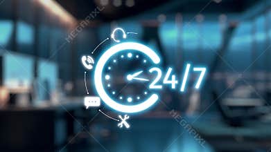 Futuristic interaction between human hand and robot arm highlighting 24-hour connectivity and support in modern