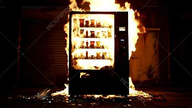 Medium shot of a snack vending machine engulfed in intense flames in a dark back alley at night