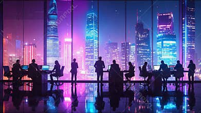 Programmers working in modern office overlooking futuristic skyline.