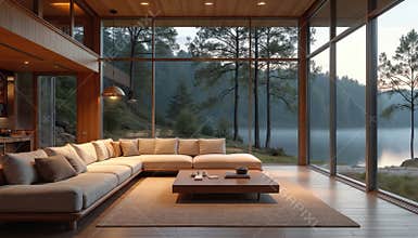 Modern lake house living room interior design. Evening scene with panoramic lake view, large windows. Dusk light, relaxing
