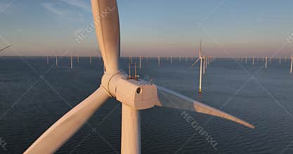 Windpark Frysland, IJsselmeer, near Breezanddijk. 89 WIndturbines, green energy, wind park built in an inland waterway. Close up