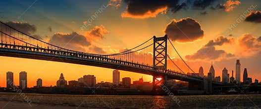 Panorama of Philadelphia skyline, Ben Franklin Bridge and Penn's